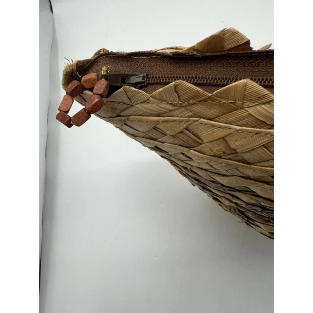 Unbranded Woven Straw Tote Bag Womens Medium Brown Beige Good Boho Chevron Zip
